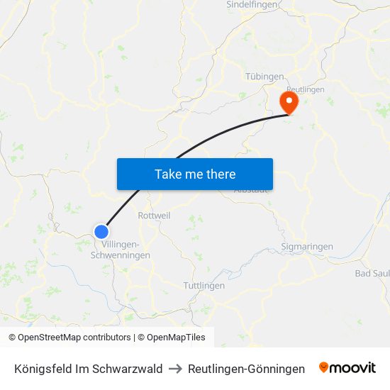 Königsfeld Im Schwarzwald to Reutlingen-Gönningen map