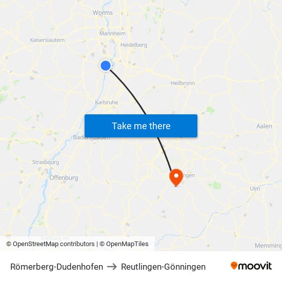 Römerberg-Dudenhofen to Reutlingen-Gönningen map