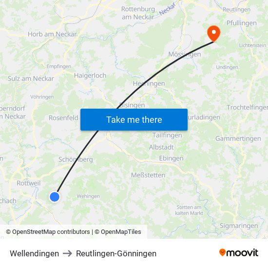 Wellendingen to Reutlingen-Gönningen map
