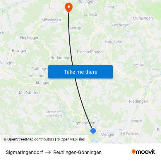 Sigmaringendorf to Reutlingen-Gönningen map