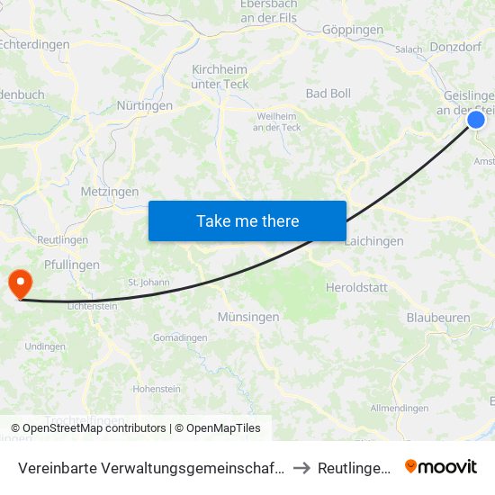 Vereinbarte Verwaltungsgemeinschaft Der Stadt Geislingen An Der Steige to Reutlingen-Gönningen map
