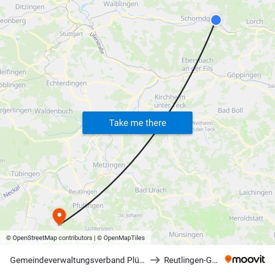 Gemeindeverwaltungsverband Plüderhausen-Urbach to Reutlingen-Gönningen map