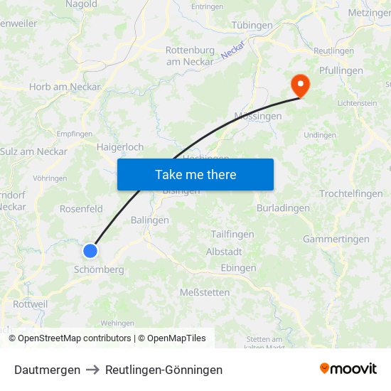 Dautmergen to Reutlingen-Gönningen map