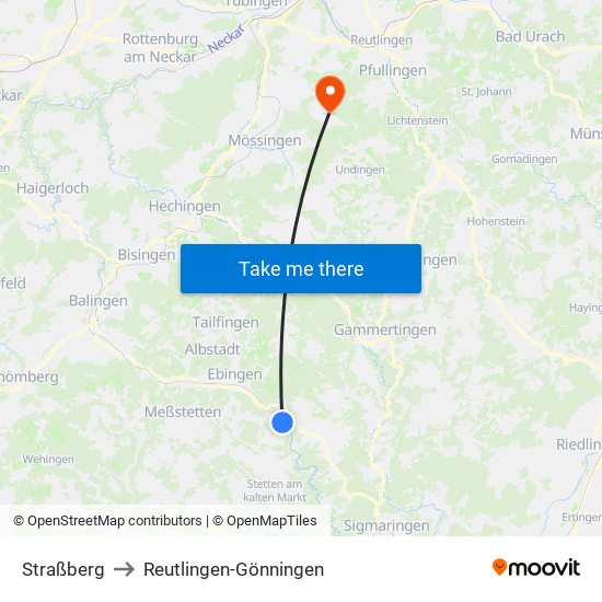 Straßberg to Reutlingen-Gönningen map