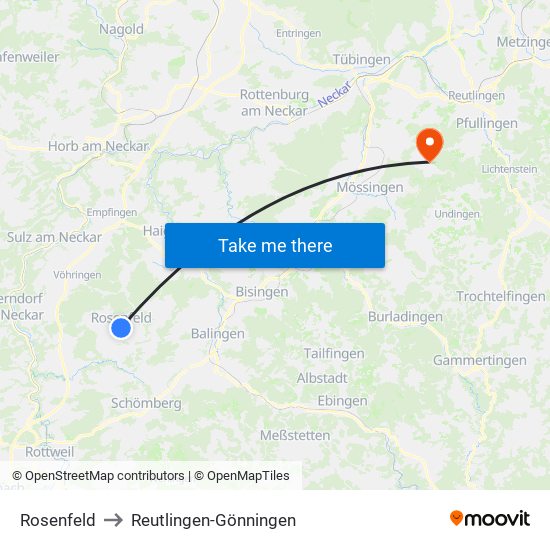 Rosenfeld to Reutlingen-Gönningen map