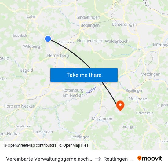 Vereinbarte Verwaltungsgemeinschaft Der Stadt Herrenberg to Reutlingen-Gönningen map