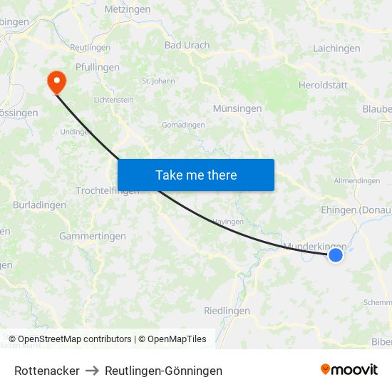 Rottenacker to Reutlingen-Gönningen map
