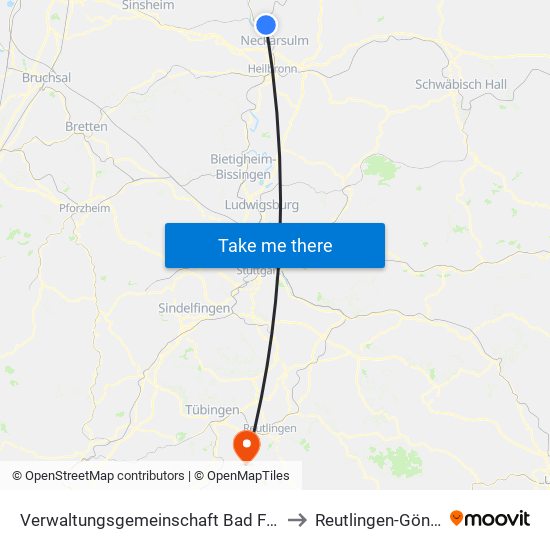 Verwaltungsgemeinschaft Bad Friedrichshall to Reutlingen-Gönningen map