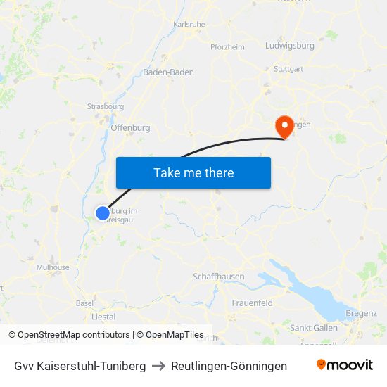Gvv Kaiserstuhl-Tuniberg to Reutlingen-Gönningen map