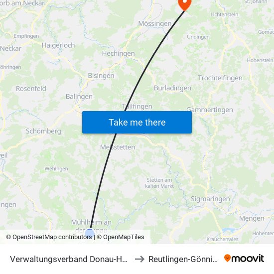 Verwaltungsverband Donau-Heuberg to Reutlingen-Gönningen map
