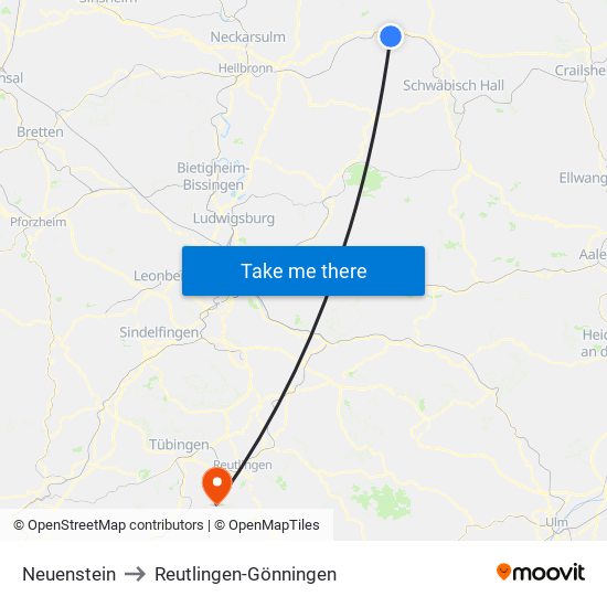 Neuenstein to Reutlingen-Gönningen map