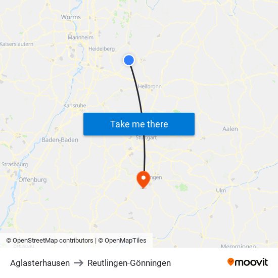 Aglasterhausen to Reutlingen-Gönningen map