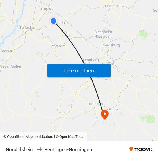 Gondelsheim to Reutlingen-Gönningen map