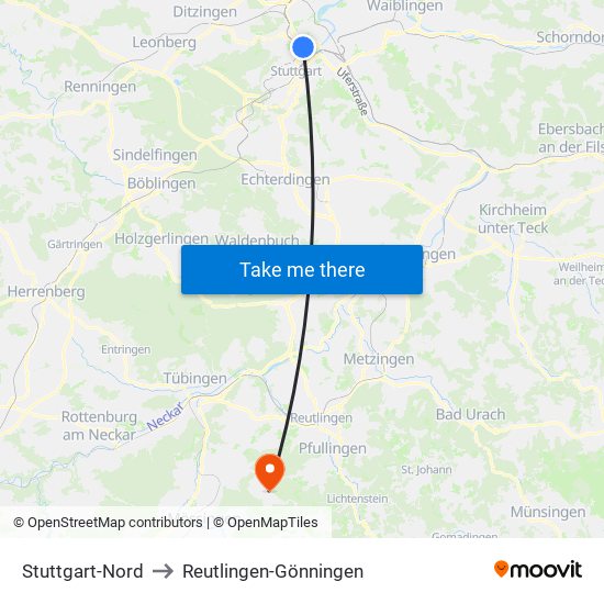 Stuttgart-Nord to Reutlingen-Gönningen map