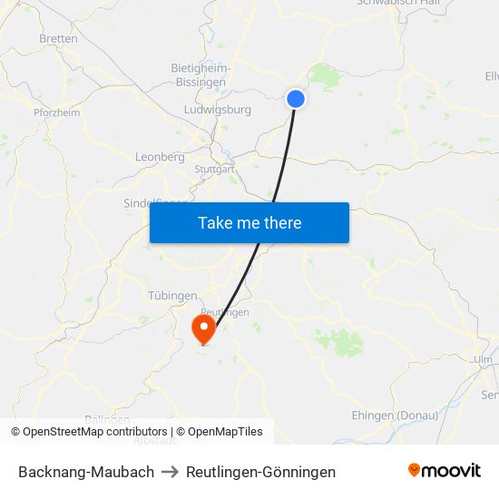 Backnang-Maubach to Reutlingen-Gönningen map