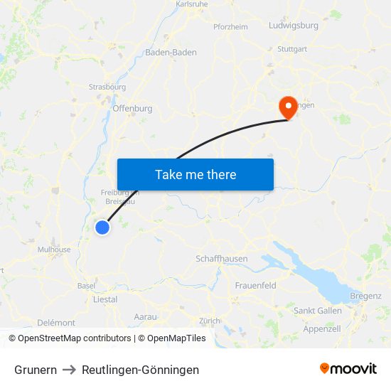 Grunern to Reutlingen-Gönningen map