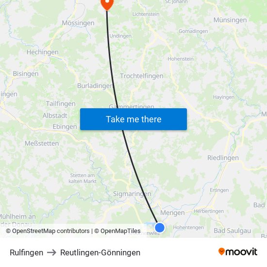 Rulfingen to Reutlingen-Gönningen map