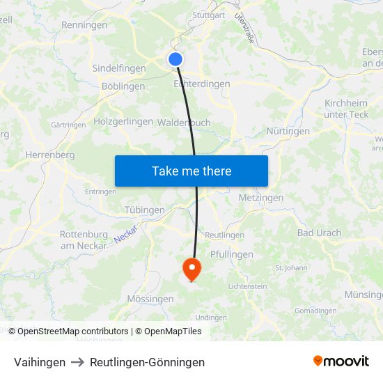 Vaihingen to Reutlingen-Gönningen map