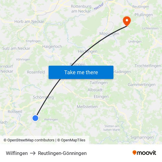Wilflingen to Reutlingen-Gönningen map