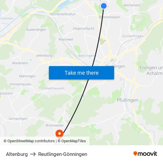 Altenburg to Reutlingen-Gönningen map