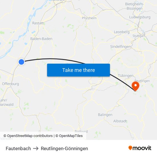 Fautenbach to Reutlingen-Gönningen map