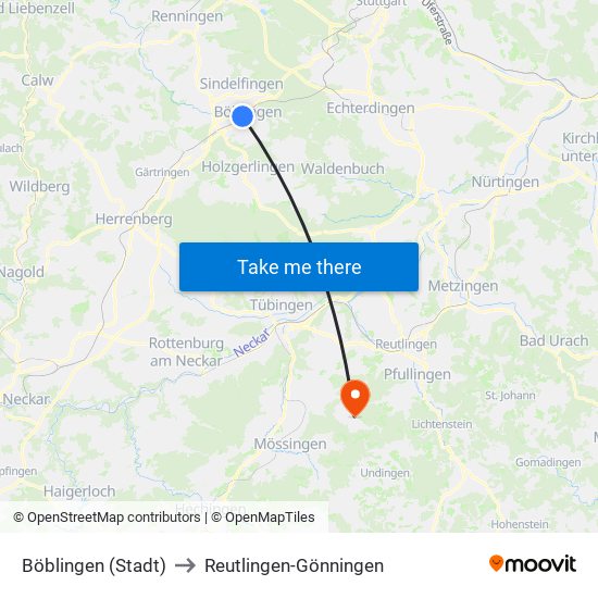 Böblingen (Stadt) to Reutlingen-Gönningen map