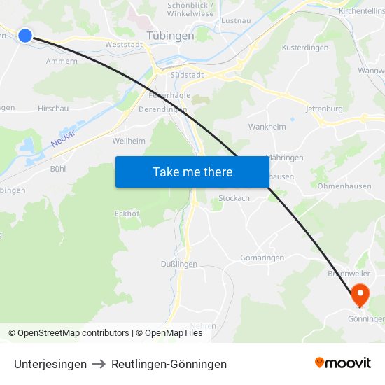 Unterjesingen to Reutlingen-Gönningen map