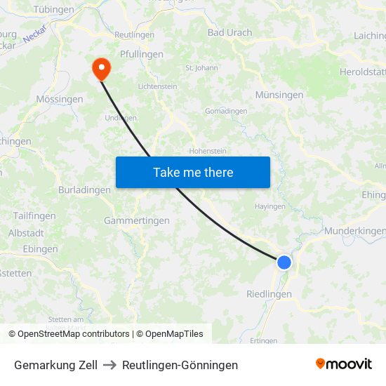 Gemarkung Zell to Reutlingen-Gönningen map