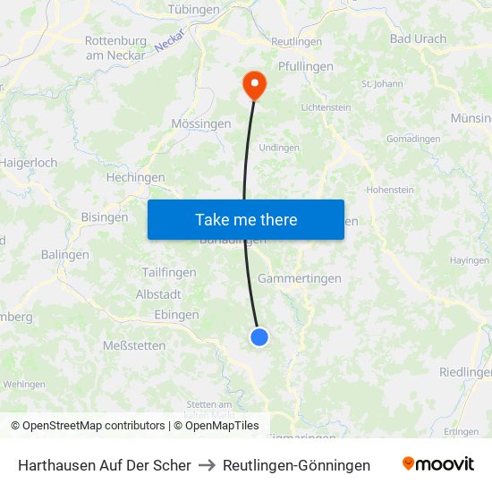 Harthausen Auf Der Scher to Reutlingen-Gönningen map