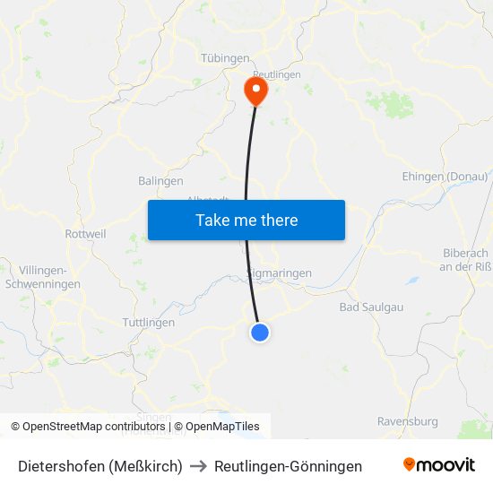 Dietershofen (Meßkirch) to Reutlingen-Gönningen map