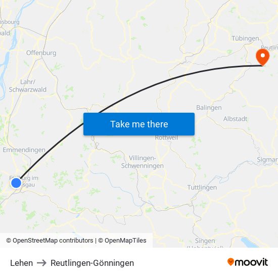 Lehen to Reutlingen-Gönningen map