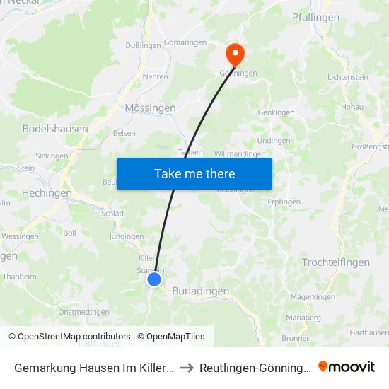 Gemarkung Hausen Im Killertal to Reutlingen-Gönningen map