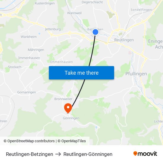 Reutlingen-Betzingen to Reutlingen-Gönningen map