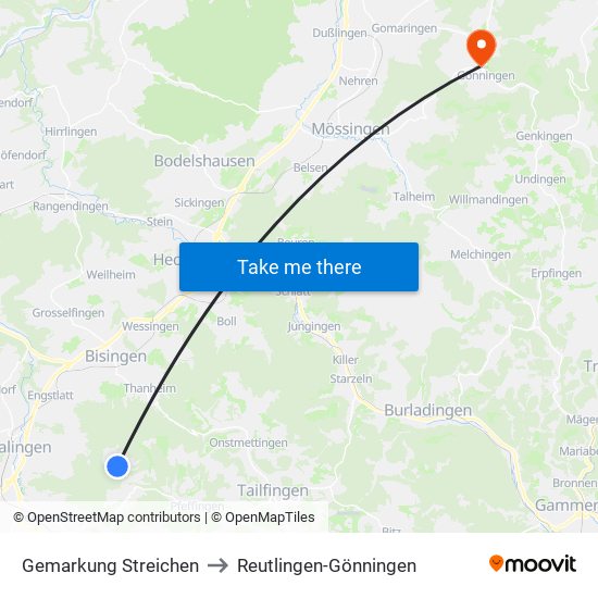 Gemarkung Streichen to Reutlingen-Gönningen map