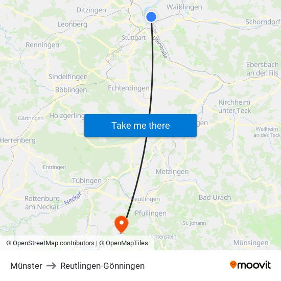 Münster to Reutlingen-Gönningen map