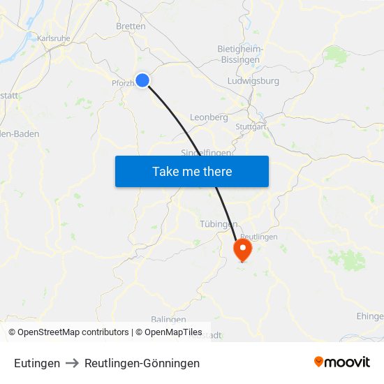 Eutingen to Reutlingen-Gönningen map