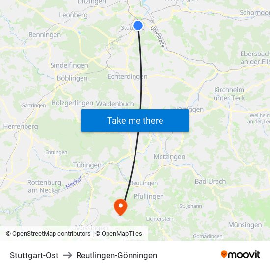 Stuttgart-Ost to Reutlingen-Gönningen map