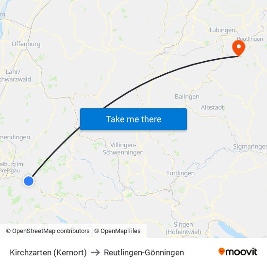 Kirchzarten (Kernort) to Reutlingen-Gönningen map