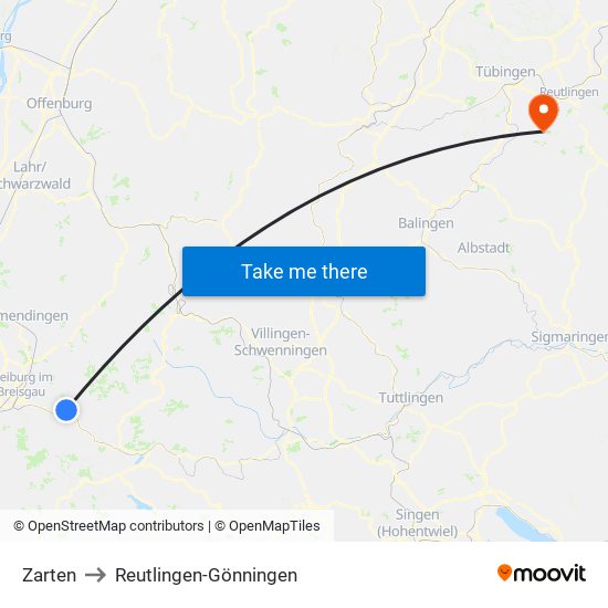 Zarten to Reutlingen-Gönningen map