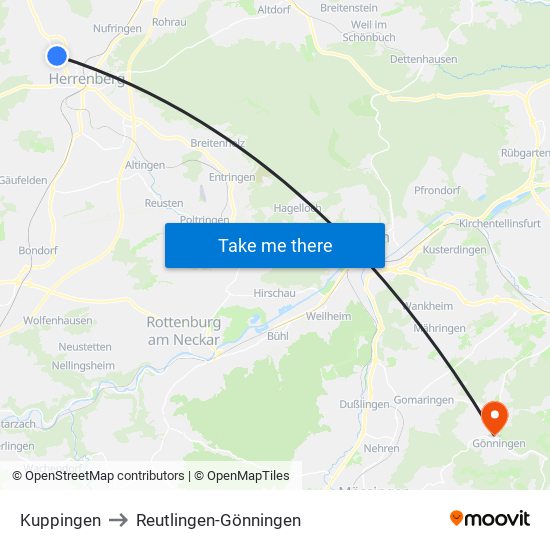 Kuppingen to Reutlingen-Gönningen map