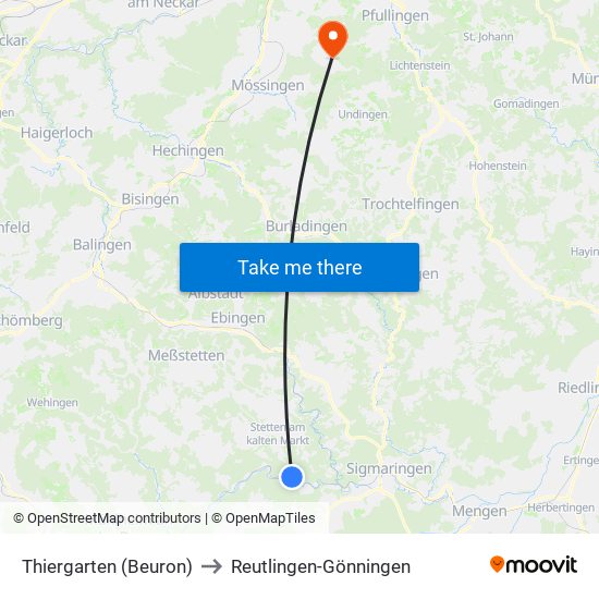 Thiergarten (Beuron) to Reutlingen-Gönningen map