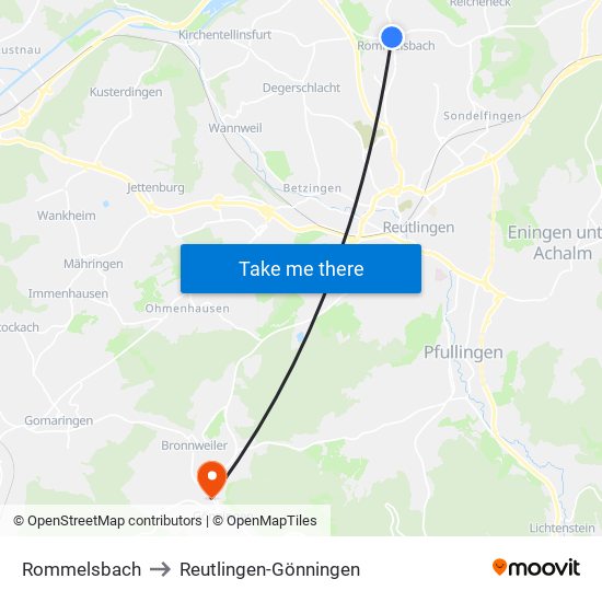 Rommelsbach to Reutlingen-Gönningen map