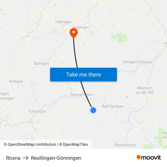 Rosna to Reutlingen-Gönningen map