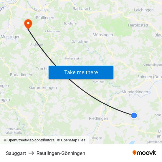 Sauggart to Reutlingen-Gönningen map