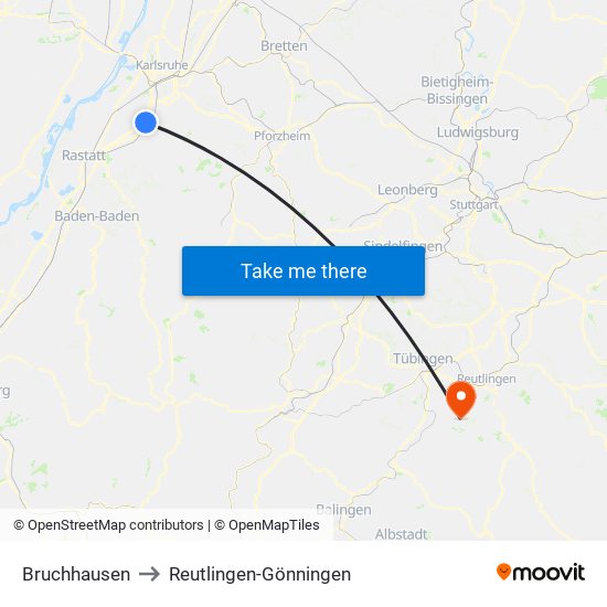 Bruchhausen to Reutlingen-Gönningen map