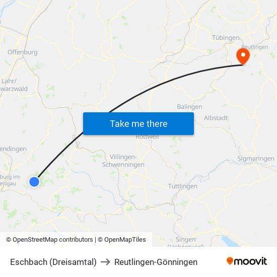 Eschbach (Dreisamtal) to Reutlingen-Gönningen map