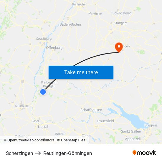 Scherzingen to Reutlingen-Gönningen map