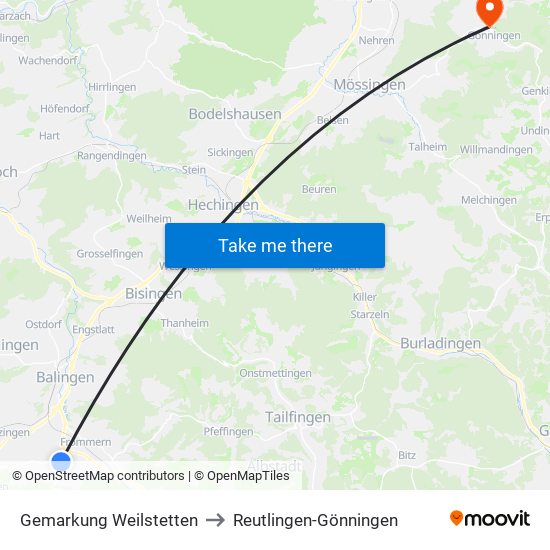 Gemarkung Weilstetten to Reutlingen-Gönningen map