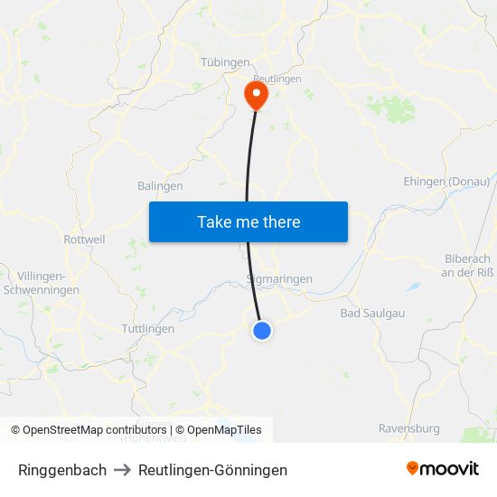 Ringgenbach to Reutlingen-Gönningen map