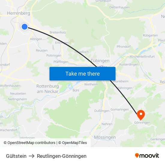 Gültstein to Reutlingen-Gönningen map